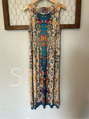 Johnny Was Blue Floral Tank Dress with Cream Trim